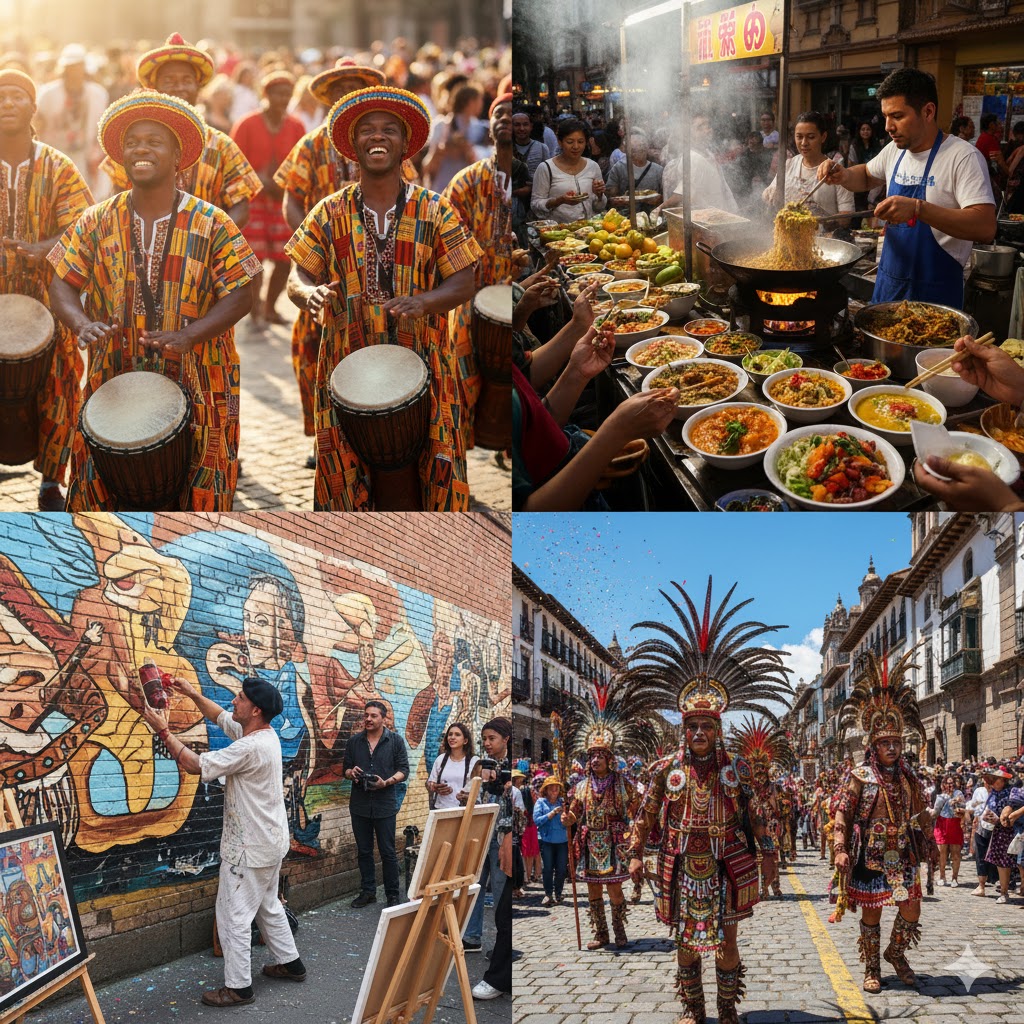 Montage of world festivals showing music, food, art, and traditional costumes across continents.
