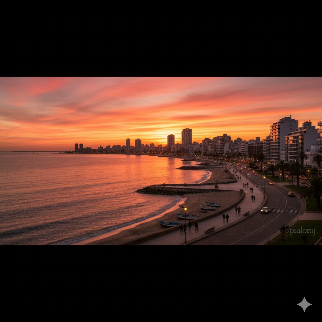 Montevideo seafront promenade and Rambla coastline at sunset, Uruguay
