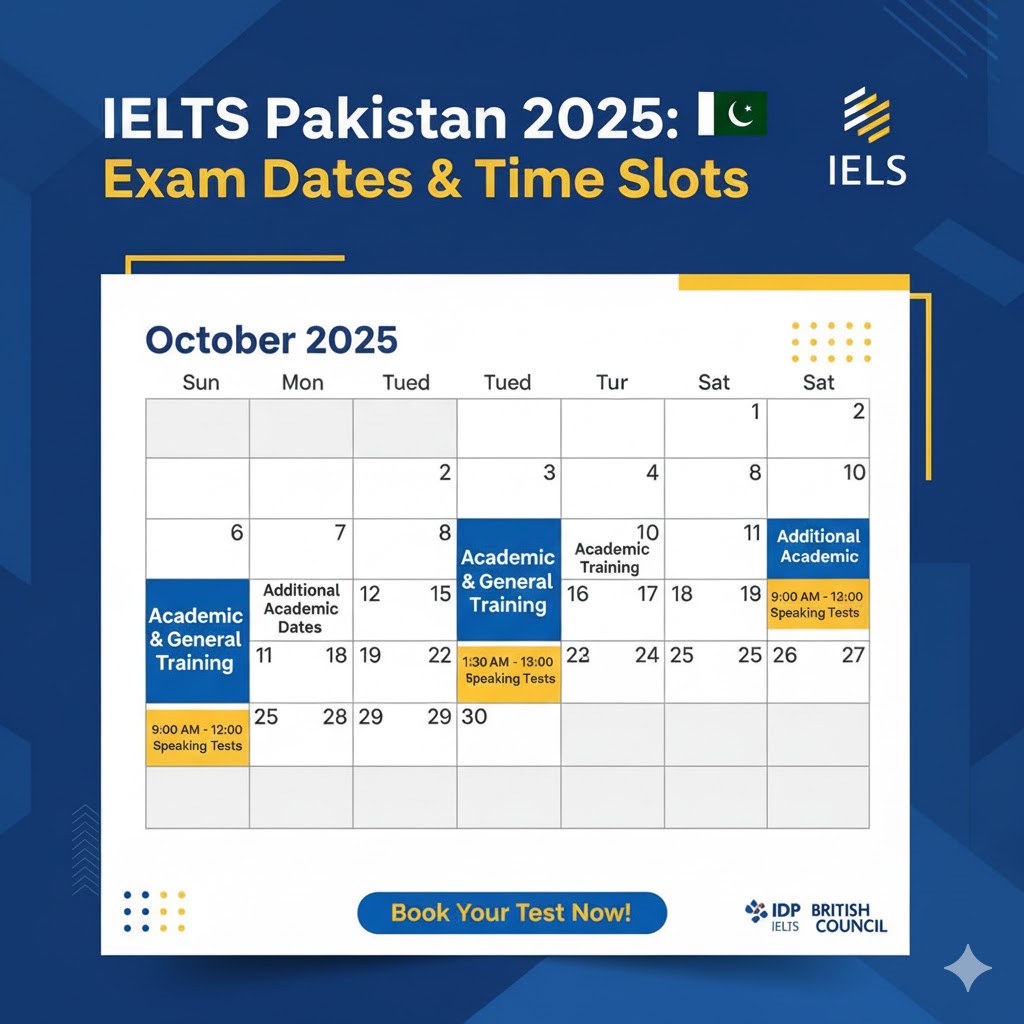 Monthly IELTS calendar for Pakistan 2025 showing exam dates and time slots