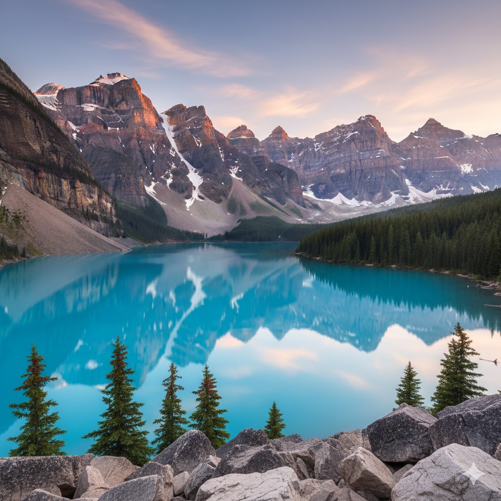 Moraine Lake turquoise water surrounded by Canadian Rockies