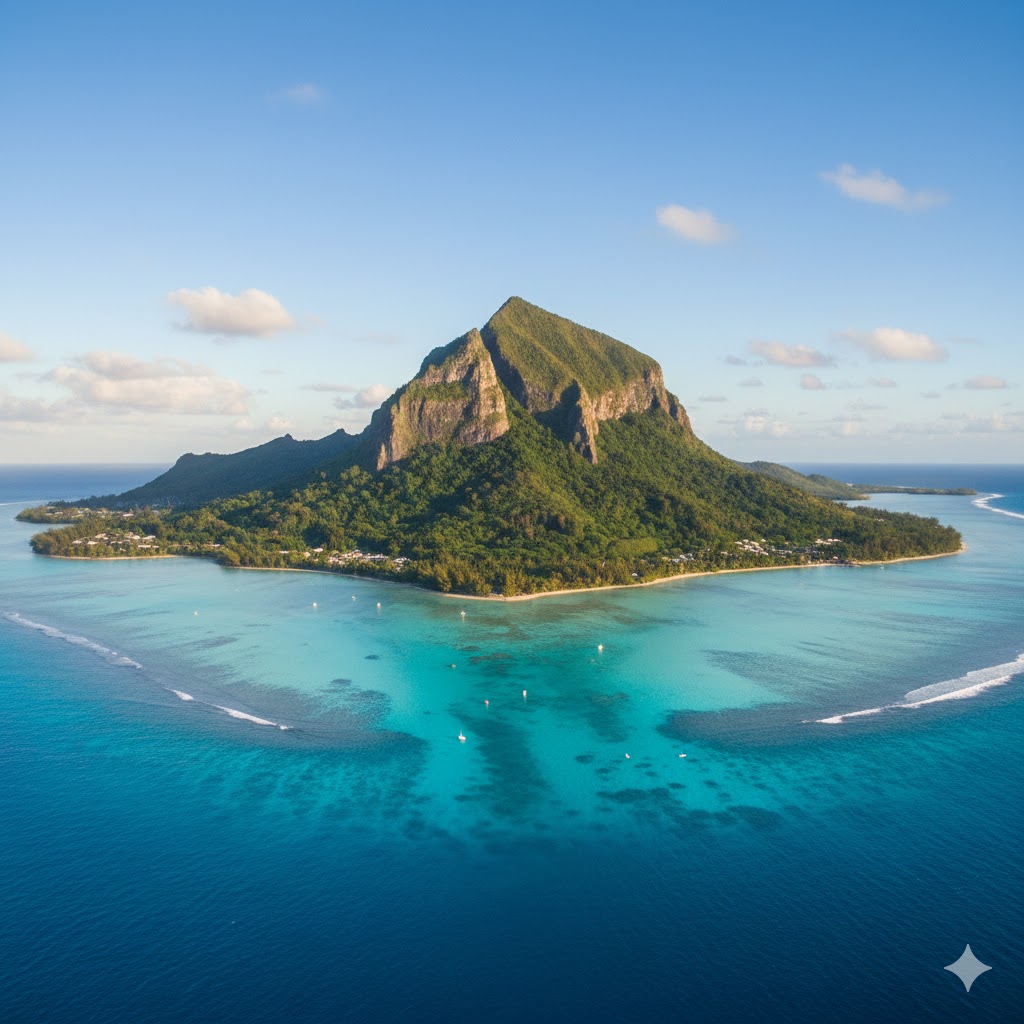Morne Brabant mountain rising above turquoise lagoon, Mauritius
