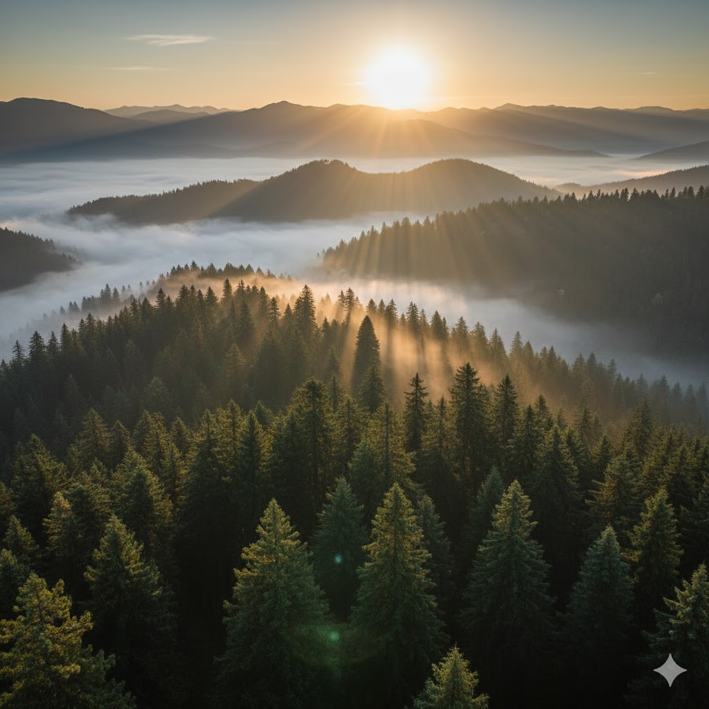 Morning mist rising above pine forest near Toli Pir viewpoint