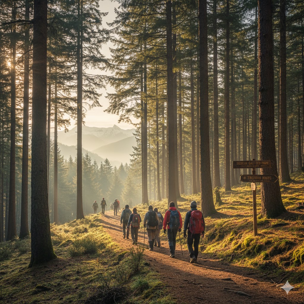 Morning trekkers walking through pine forest trail near Sudhan Gali Eco Park