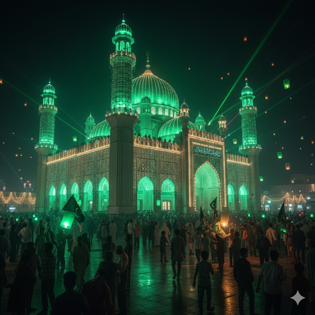 Mosque illuminated in green lights during Eid Milad-un-Nabi celebrations