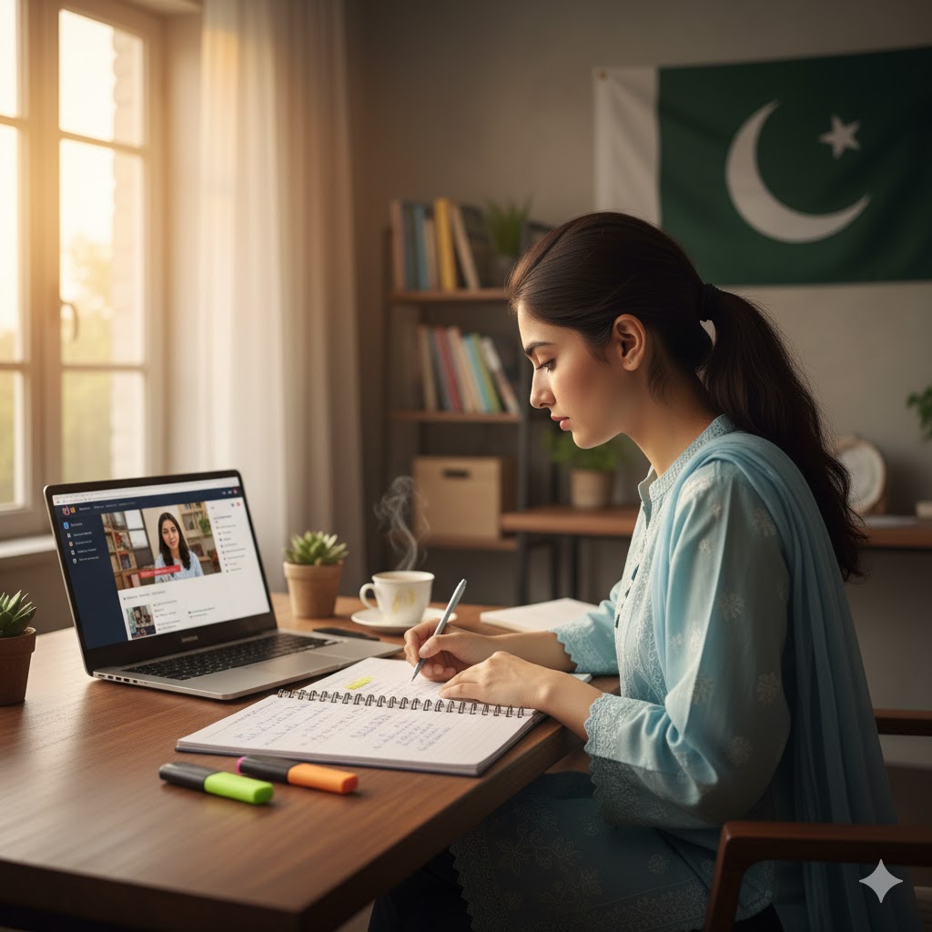 Motivated student studying online with notes and laptop in a quiet room