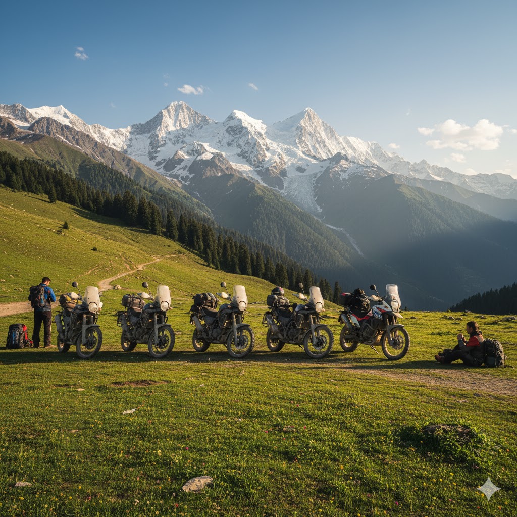Motorbikes parked at Burzil Pass surrounded by green meadows and snow ridges