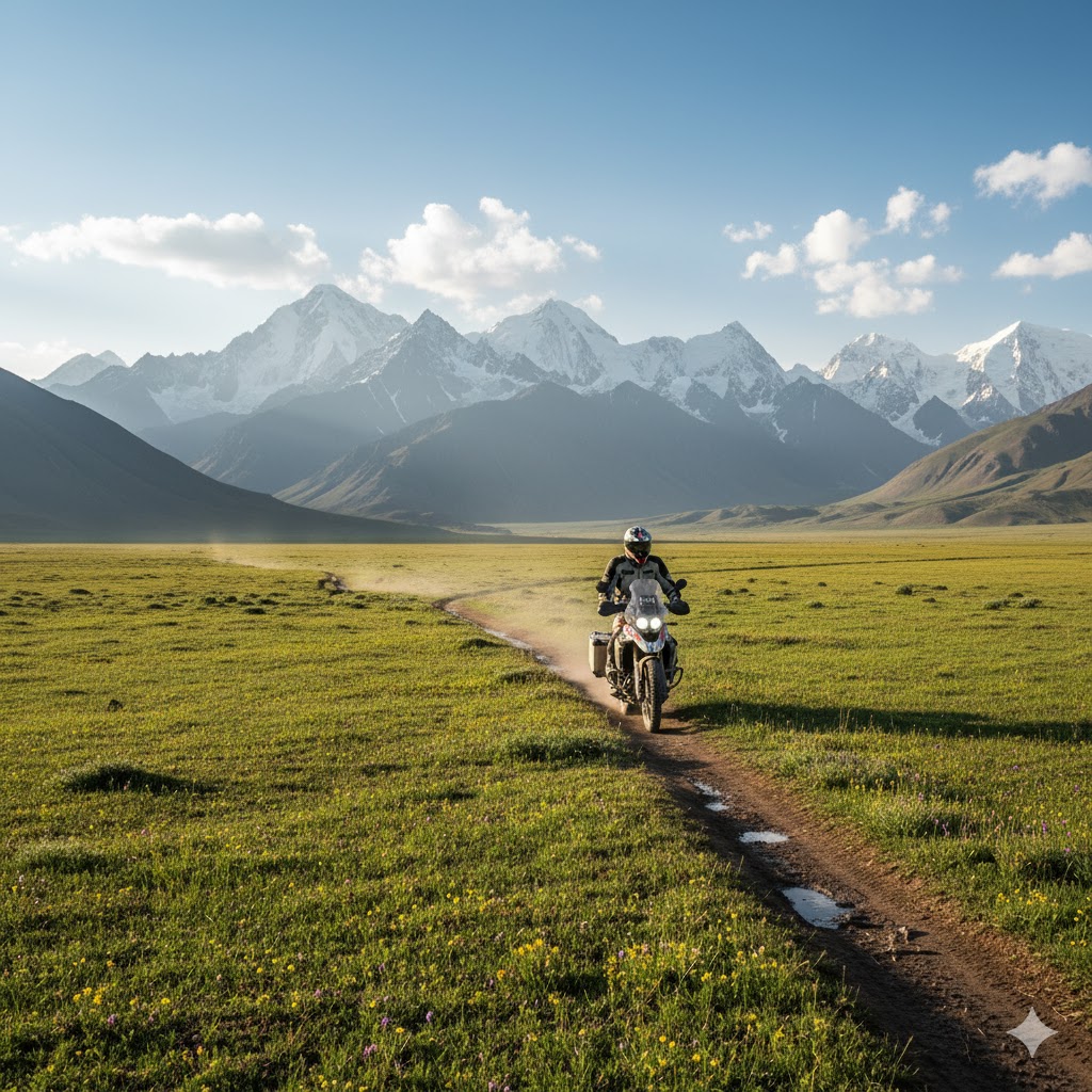 Motorcyclist riding across Deosai’s grassy trail with snow peaks behind.