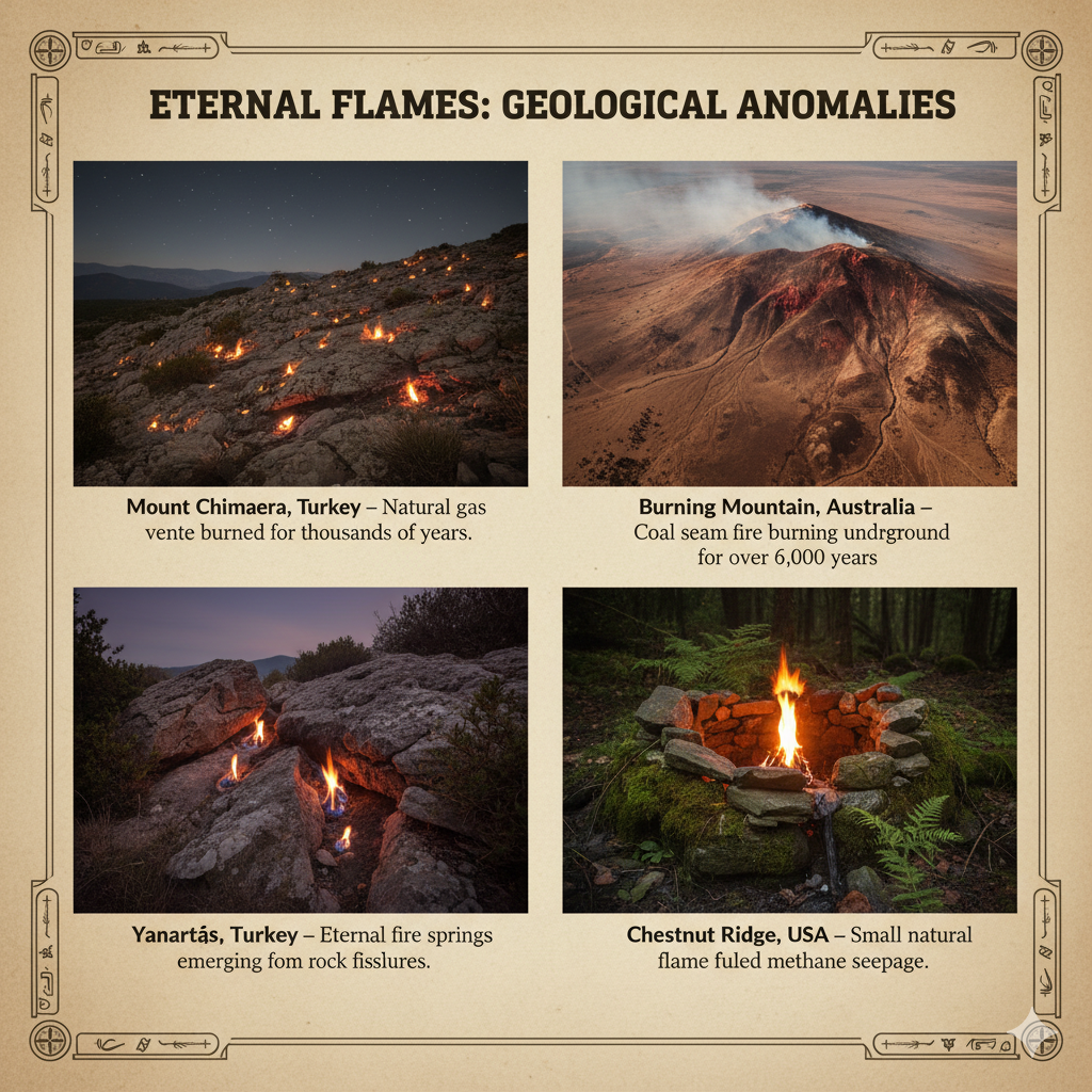 Mount Chimaera, Turkey - Burning Mountain, Australia - Yanartaş, Turkey - Chestnut Ridge, USA