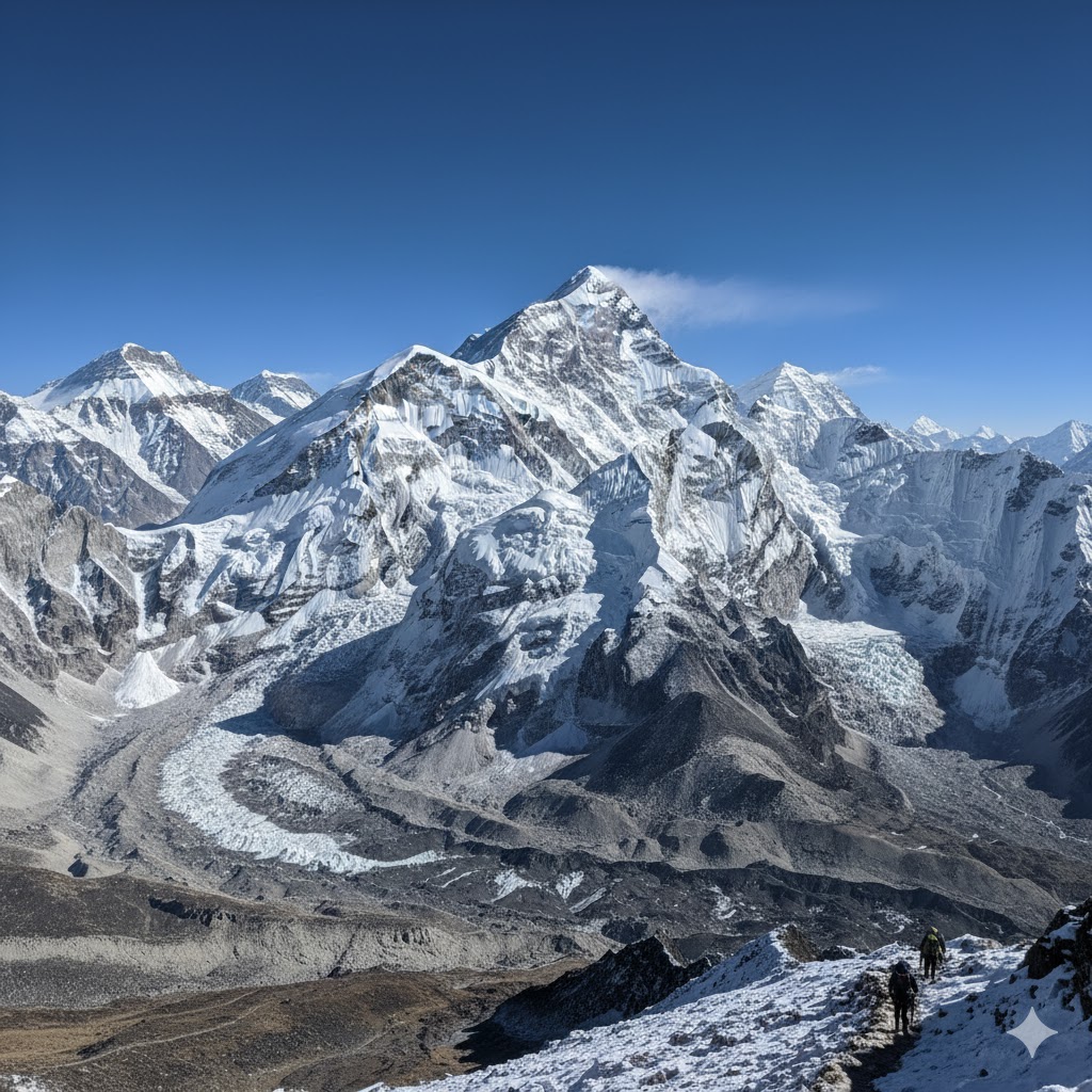 Mount Everest and snow-covered peaks under clear blue sky, Nepal