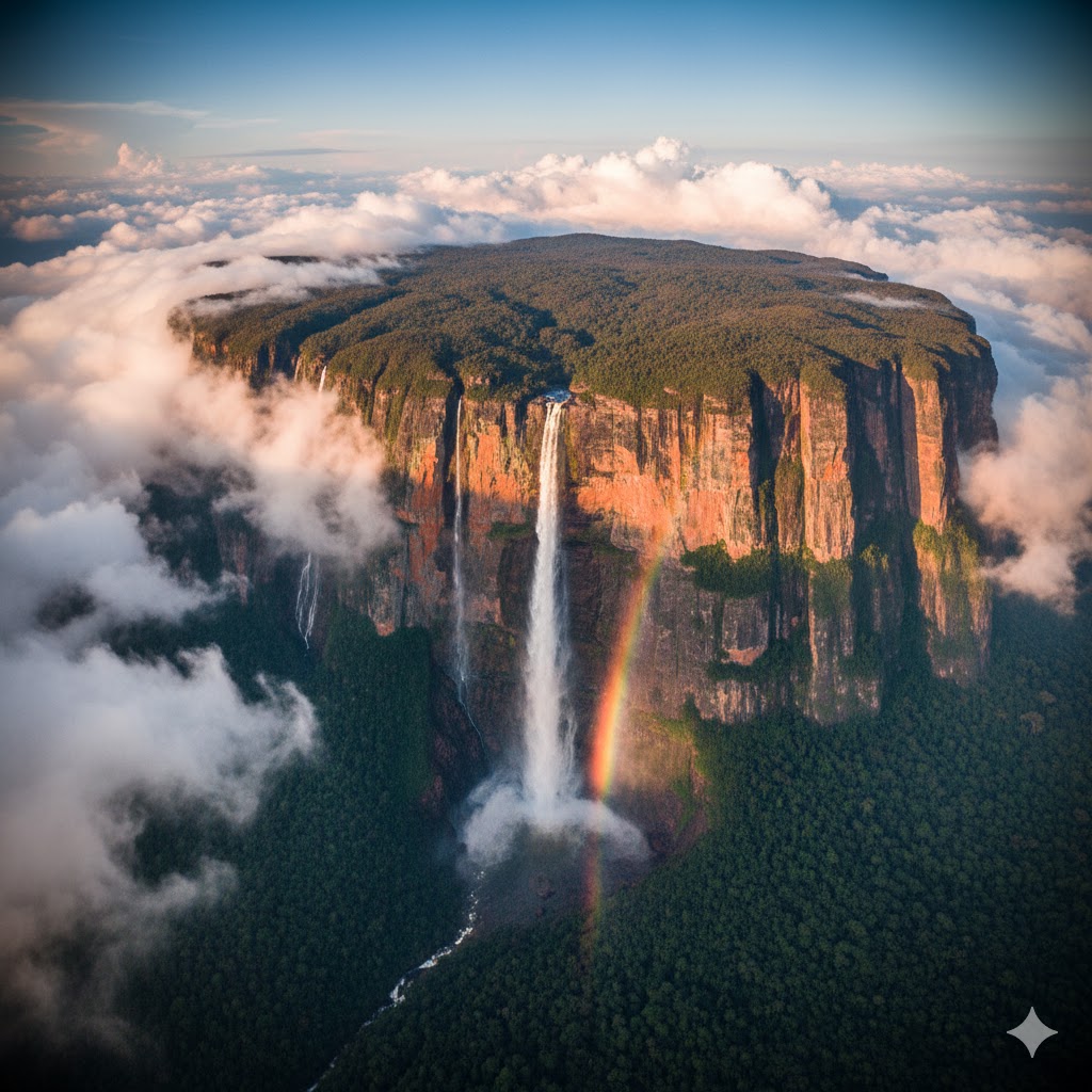 Mount Roraima with flat summit and surrounding waterfalls in Venezuela.