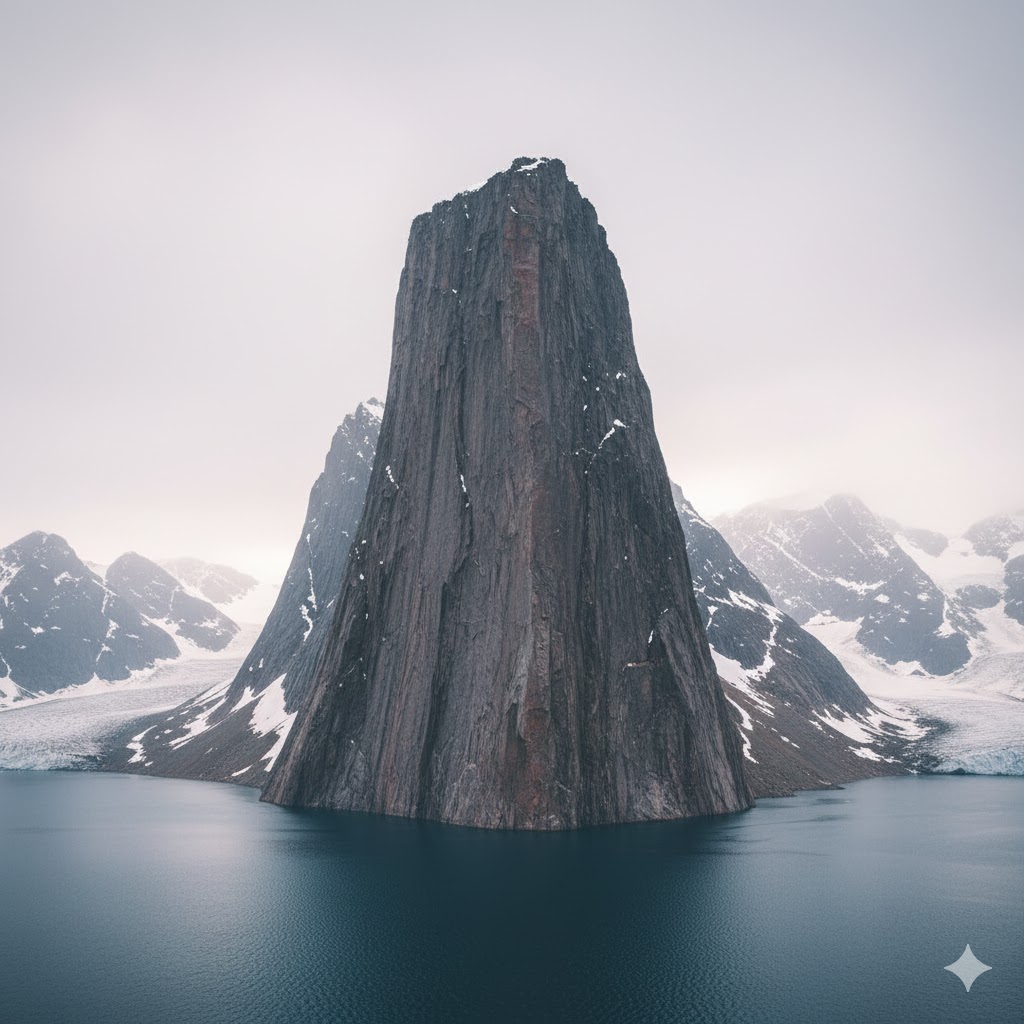Mount Thor’s sheer vertical granite face plunging into Arctic fjord under a pale sky. Mount Thor’s sheer vertical granite face plunging into Arctic fjord under a pale sky.