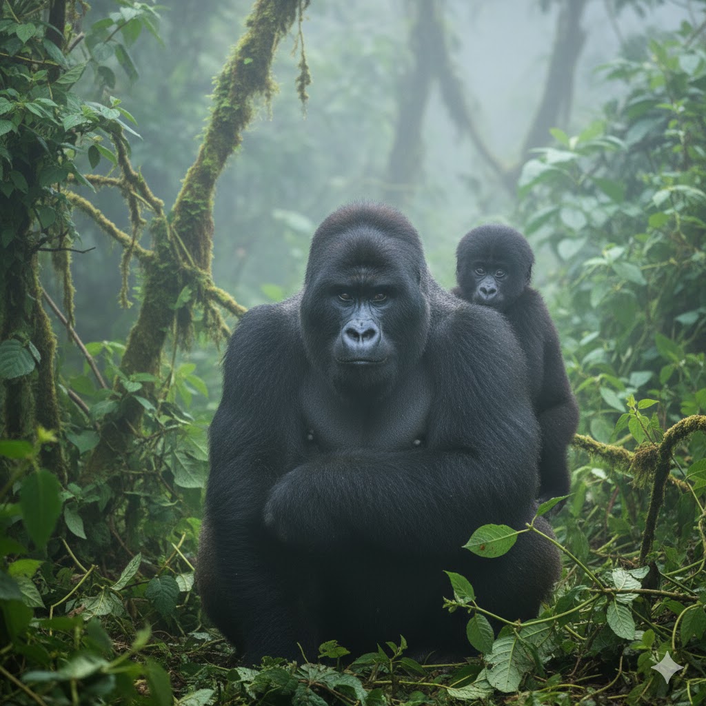 Mountain gorilla family in misty Virunga forest, Rwanda