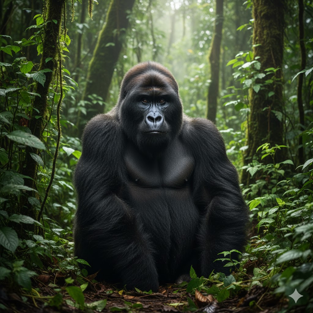 Mountain gorilla in Bwindi Forest surrounded by dense greenery, Uganda.