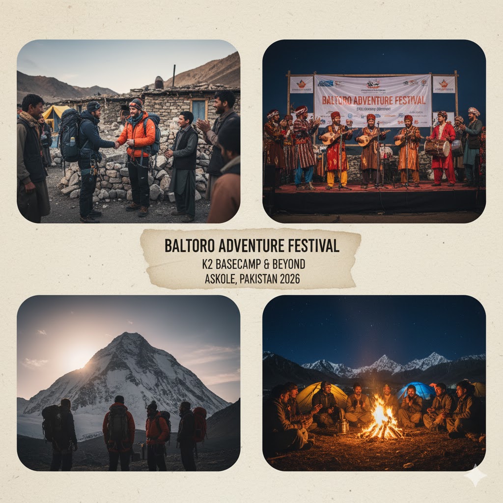 Mountaineers and local Balti musicians gathered at Askole village during Baltoro Adventure Festival near K2 Mountaineers and local Balti musicians gathered at Askole village during Baltoro Adventure Festival near K2