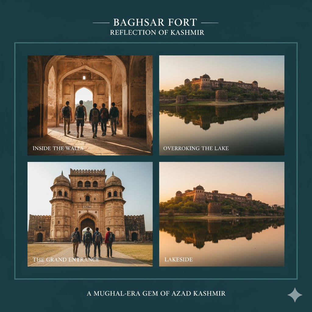 Mughal-era Baghsar Fort reflected in the serene Baghsar Lake of Azad Kashmir