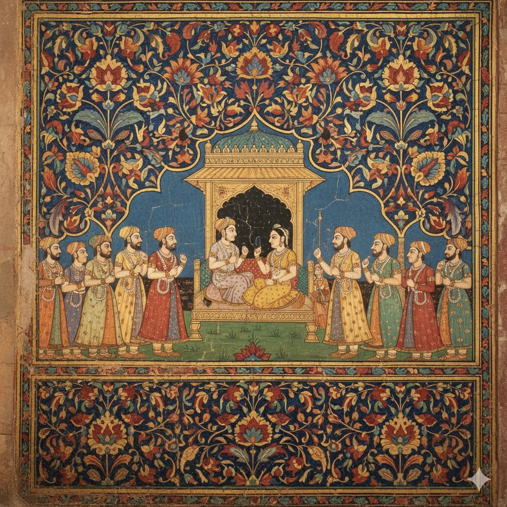 Mughal fresco art at Lahore Fort depicting floral motifs and court life in traditional style.