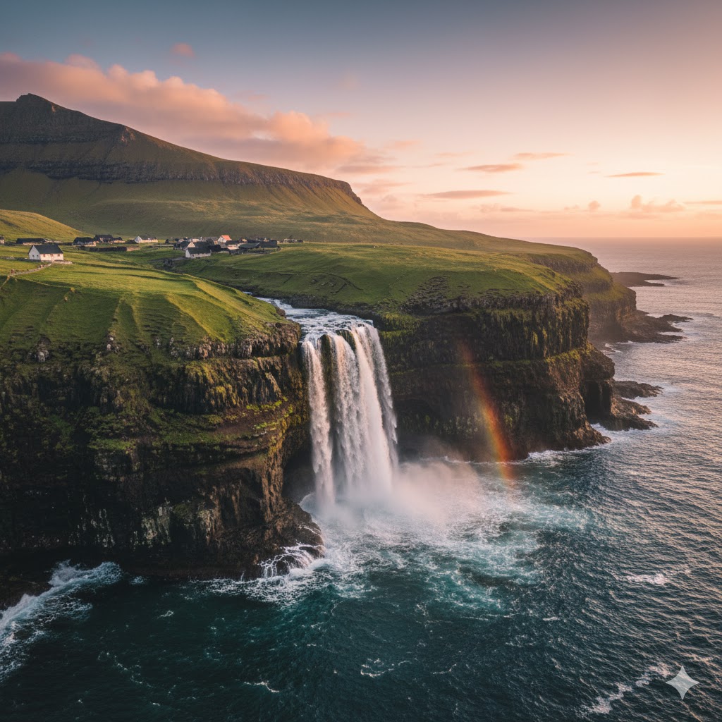 Múlafossur waterfall flowing into ocean cliffs, Faroe Islands
