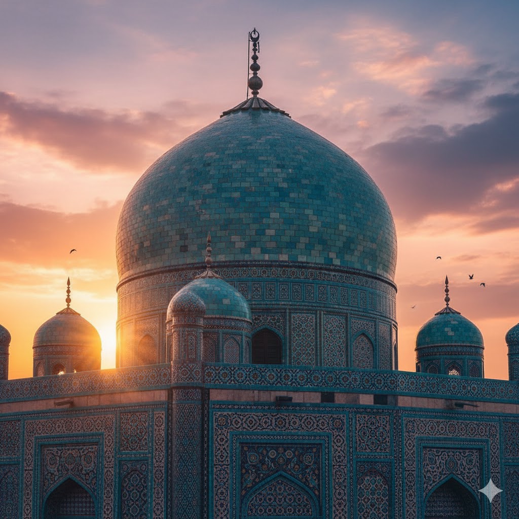 Multan shrine dome with turquoise tiles and sunset sky