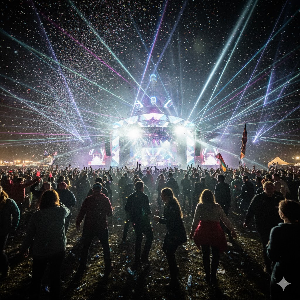 Music lovers dancing under festival lights at Glastonbury