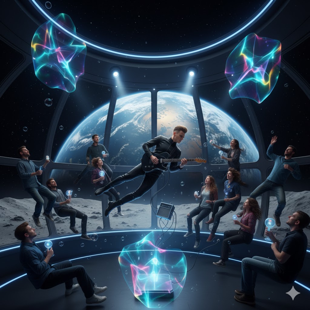 Musician playing guitar while floating in zero gravity during space concert experience