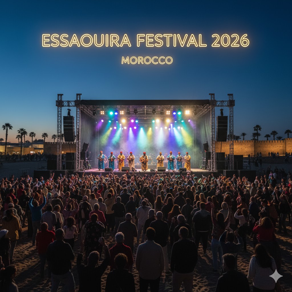Musicians performing Gnaoua rhythms at Essaouira Festival 2026
