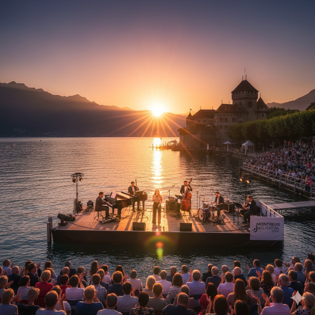 Musicians performing lakeside at sunset during Montreux Jazz Festival 2026 Switzerland.