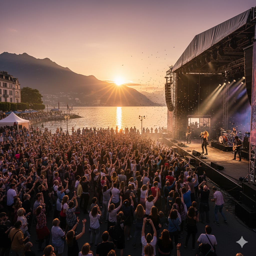 Musicians performing on Montreux lakeside stage during sunset concert