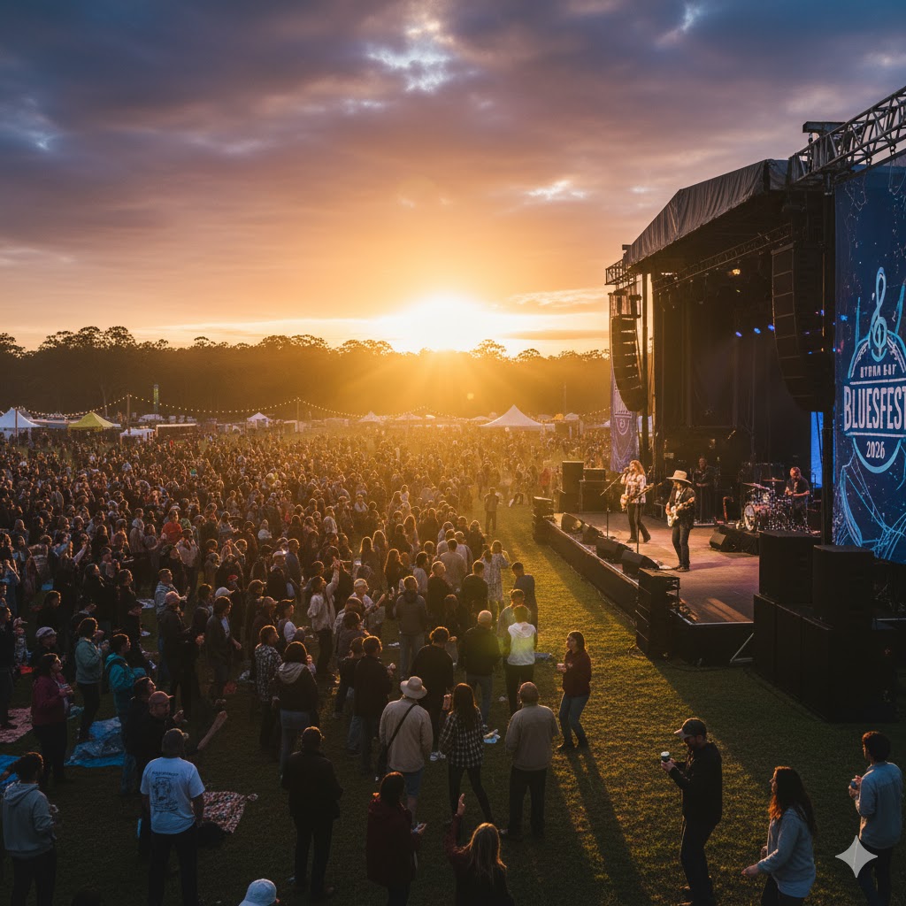 Musicians performing on open-air stage at Byron Bay Bluesfest 2026 sunset