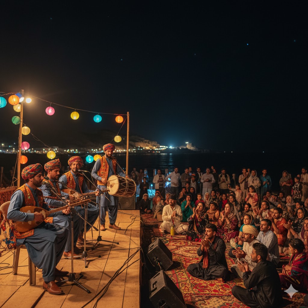 Musicians performing with dambura and dhol at Baloch Folk Night in Gwadar.