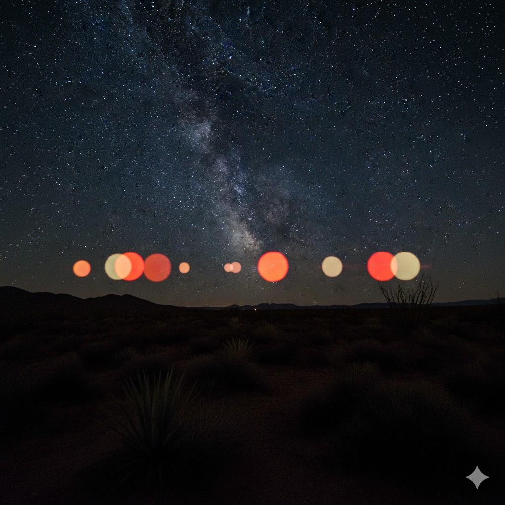 Mysterious glowing orbs floating over Marfa desert night sky, Texas. 