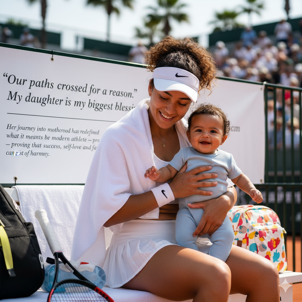 Naomi Osaka holds her daughter Shai during a tennis break