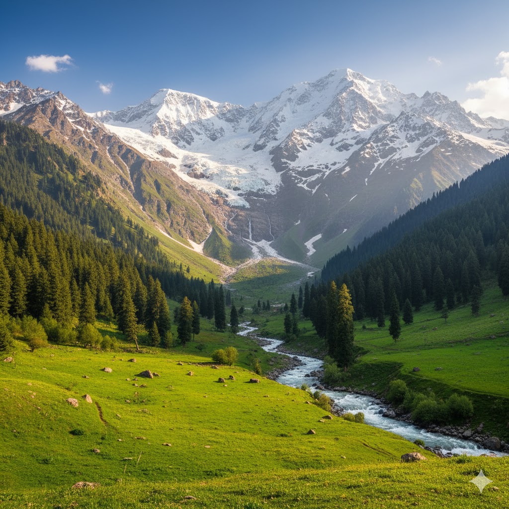 Naran Kaghan valley in spring with green meadows, pine forests, and melting snow from the mountains