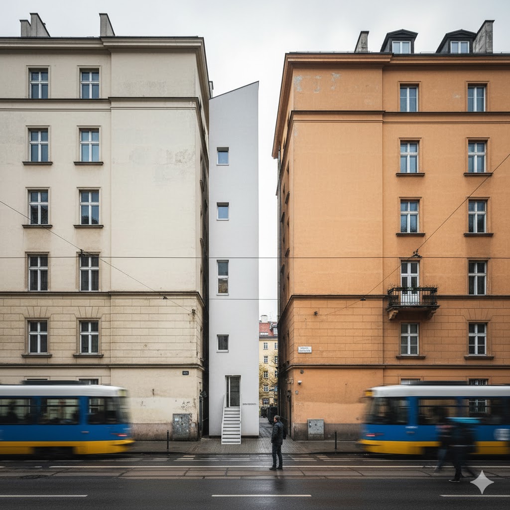 Narrow façade of Keret House squeezed between two larger buildings on a Warsaw street. Narrow façade of Keret House squeezed between two larger buildings on a Warsaw street.