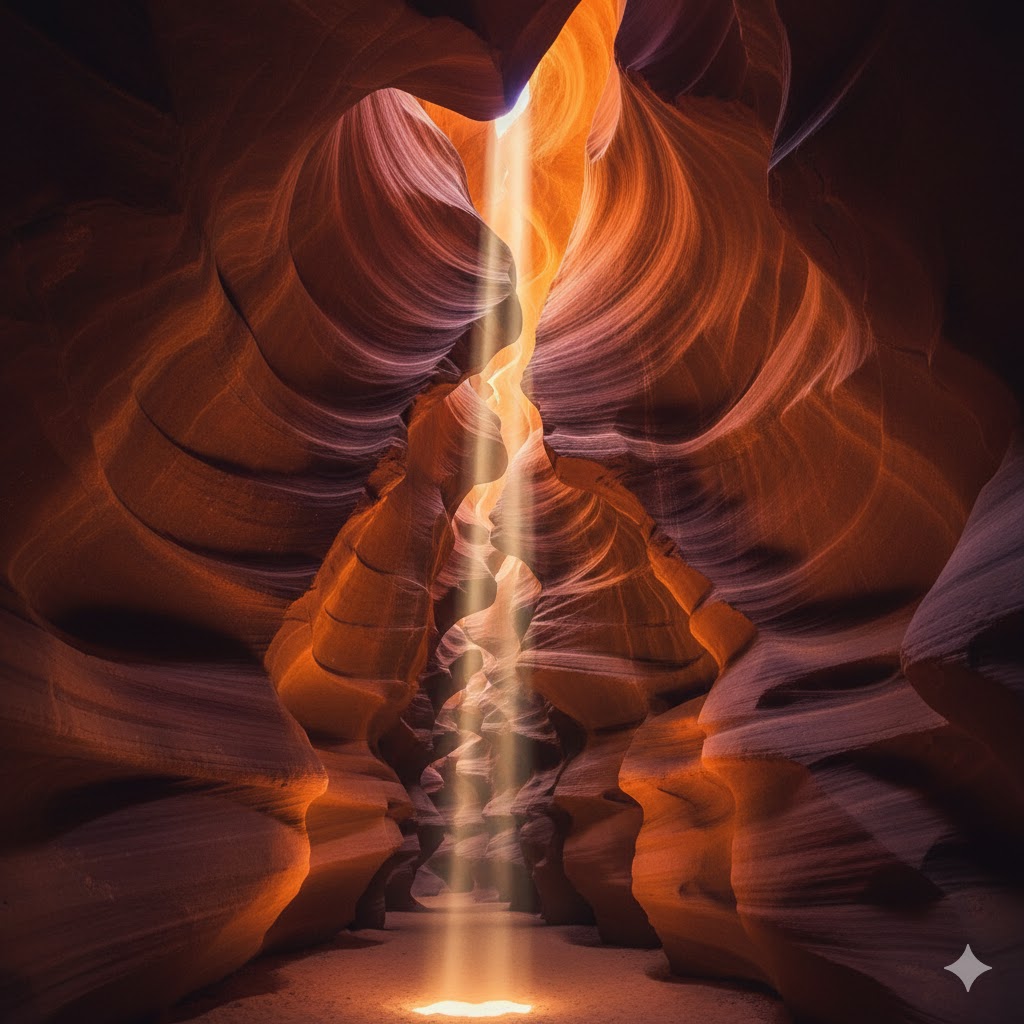 Narrow glowing passage of Antelope Canyon lit by golden sunlight beams. 