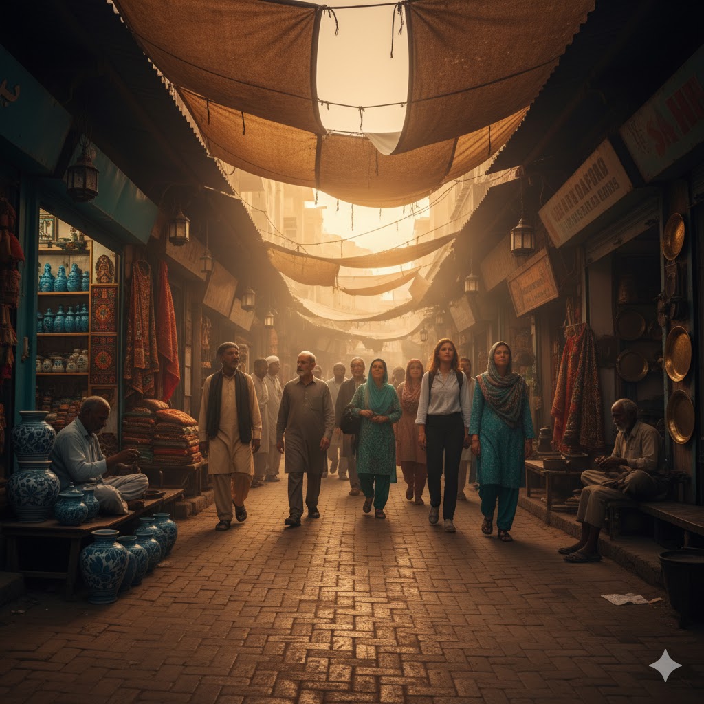 Narrow lanes of Multan’s old city during a Sufi heritage walk with local artisans and shops Narrow lanes of Multan’s old city during a Sufi heritage walk with local artisans and shops