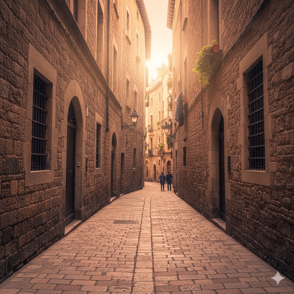 Narrowest medieval street in Barcelona with warm light reflecting off cobblestones. Narrowest medieval street in Barcelona with warm light reflecting off cobblestones.