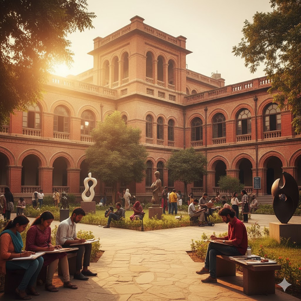 National College of Arts Lahore historic building with students painting outdoors and sculptures on display.