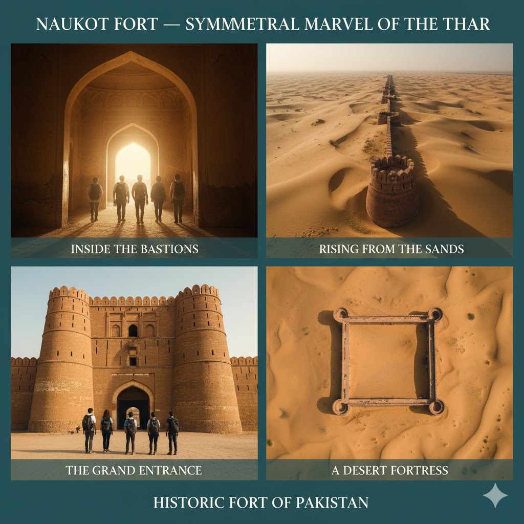 Naukot Fort rising from Thar Desert sands with symmetrical bastions, historic forts of Pakistan