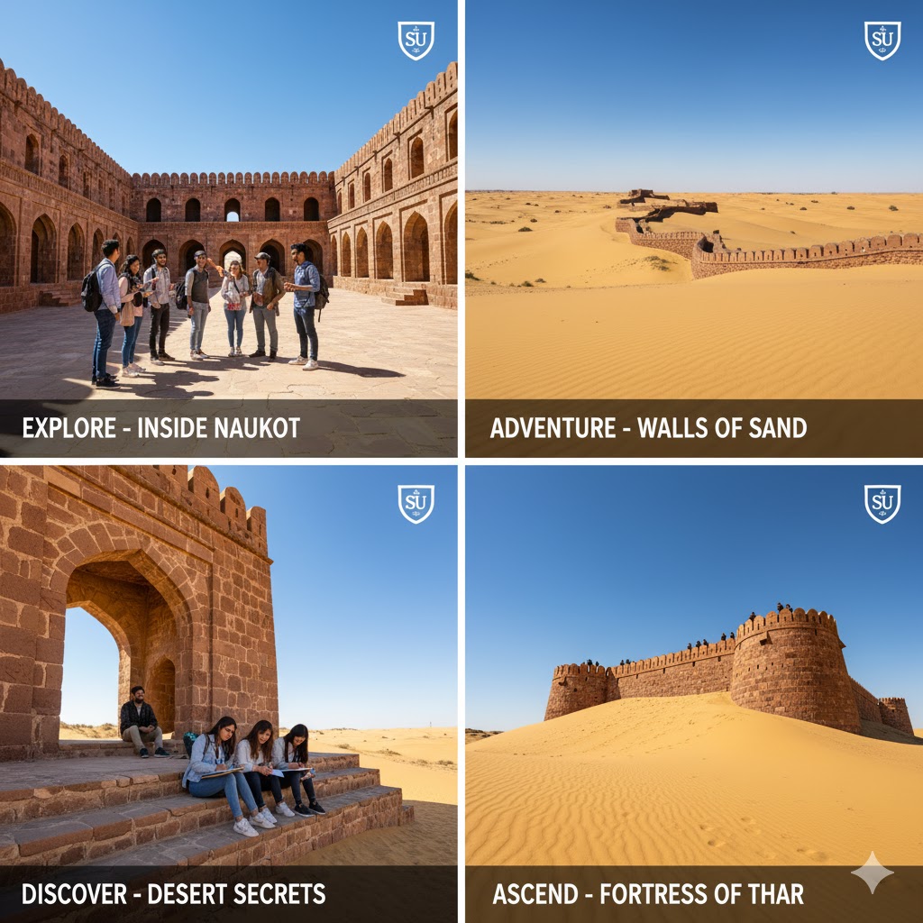 Naukot Fort surrounded by the golden sands of the Thar Desert under clear skies