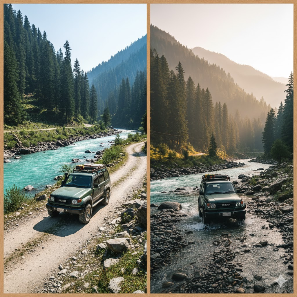 Neelum River with pine-covered hills around split images in 2 college style different style pictures