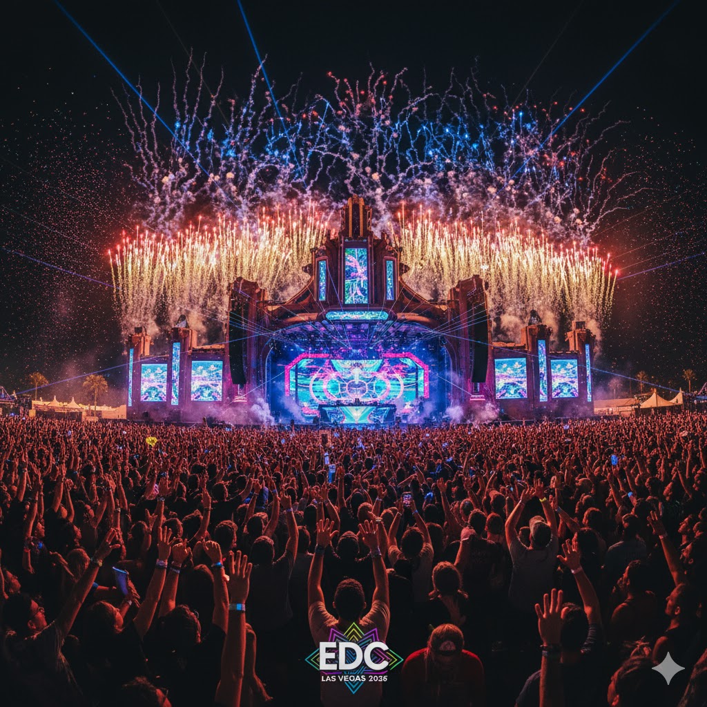 Neon crowd and fireworks over main stage during EDC Las Vegas 2026.