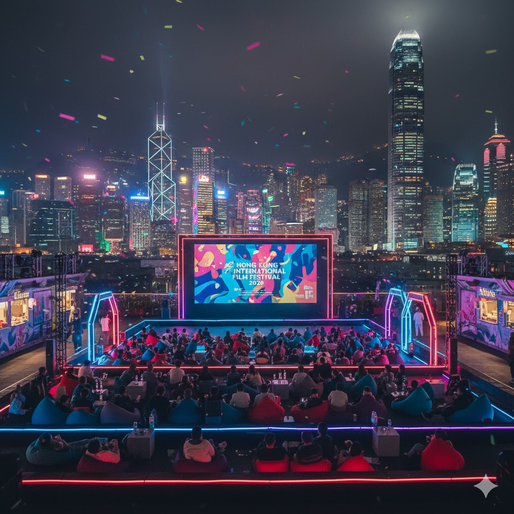 Neon-lit outdoor cinema at Hong Kong International Film Festival