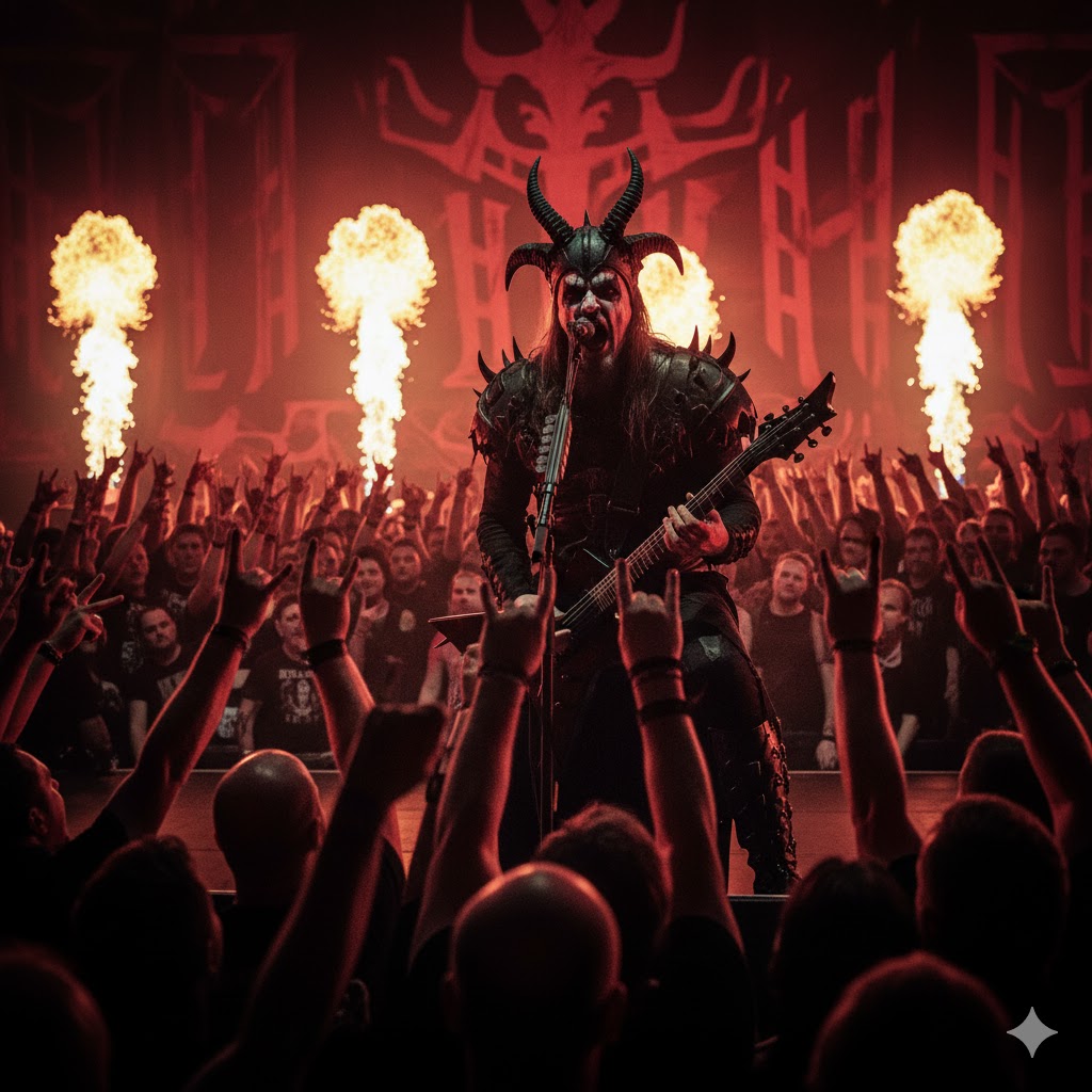 Nergal of Behemoth on stage under red and black lights with fans raising their hands.