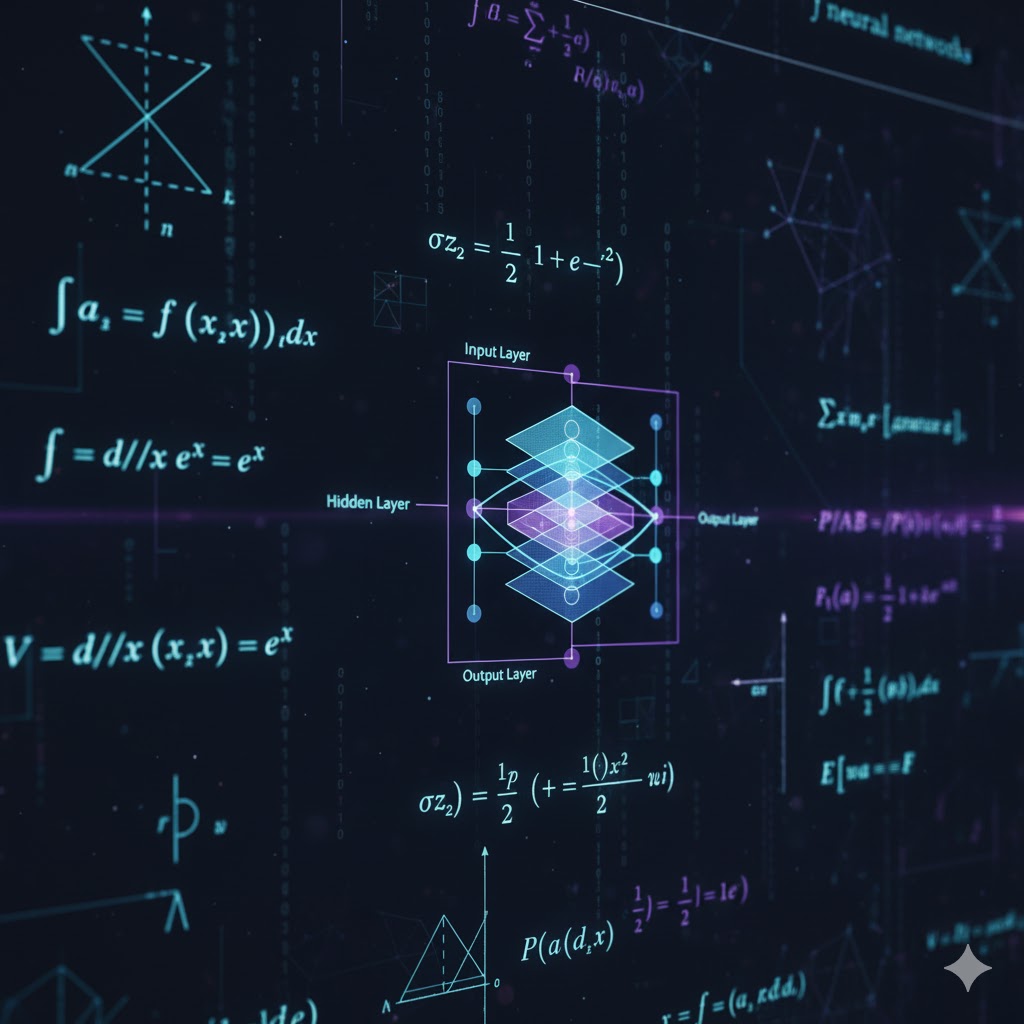 Neural network formulas displayed alongside calculus and probability equations. Neural network formulas displayed alongside calculus and probability equations.