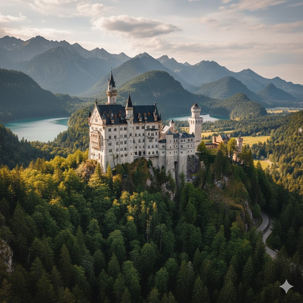 Neuschwanstein Castle surrounded by alpine forests