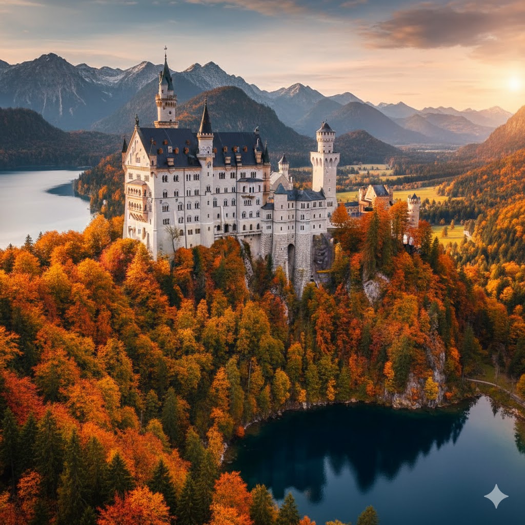 Neuschwanstein Castle surrounded by autumn forest, Germany