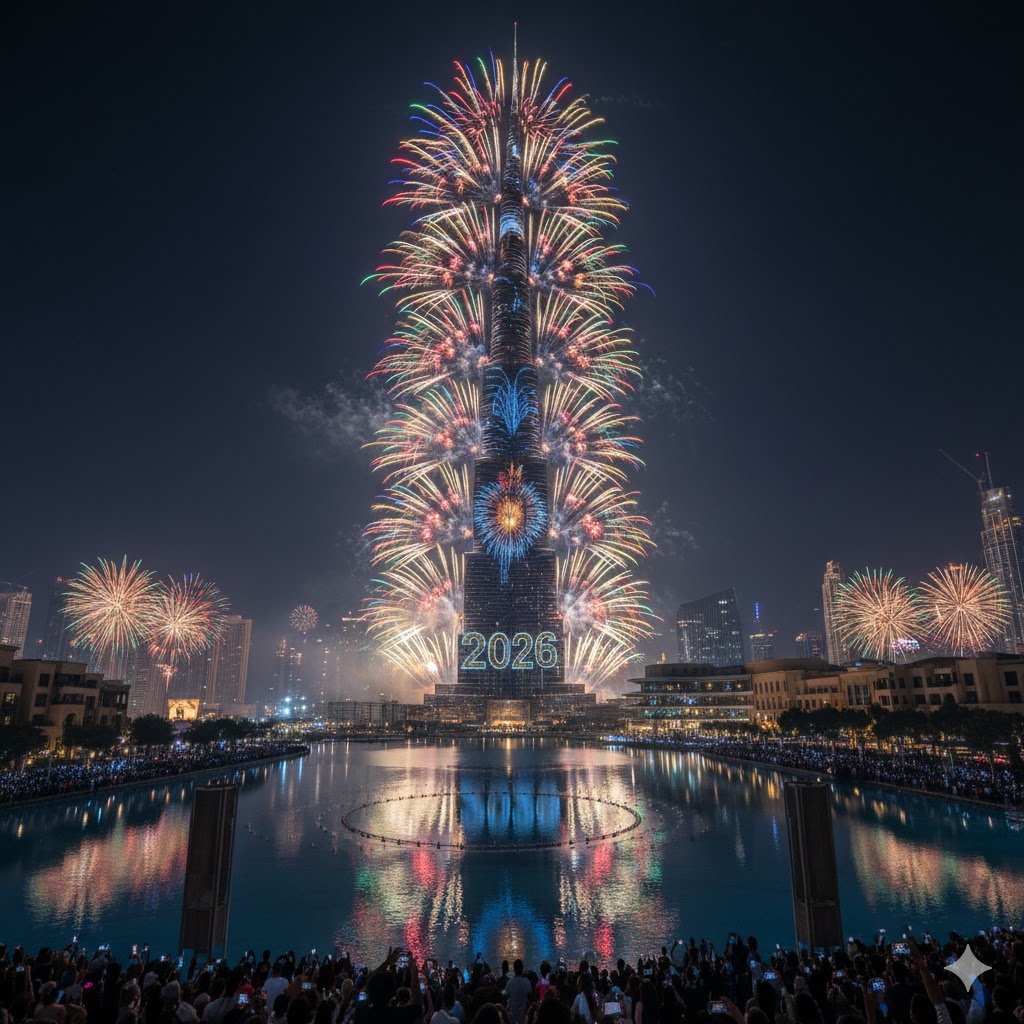 New Year fireworks over Burj Khalifa reflecting on water at midnight 2026
