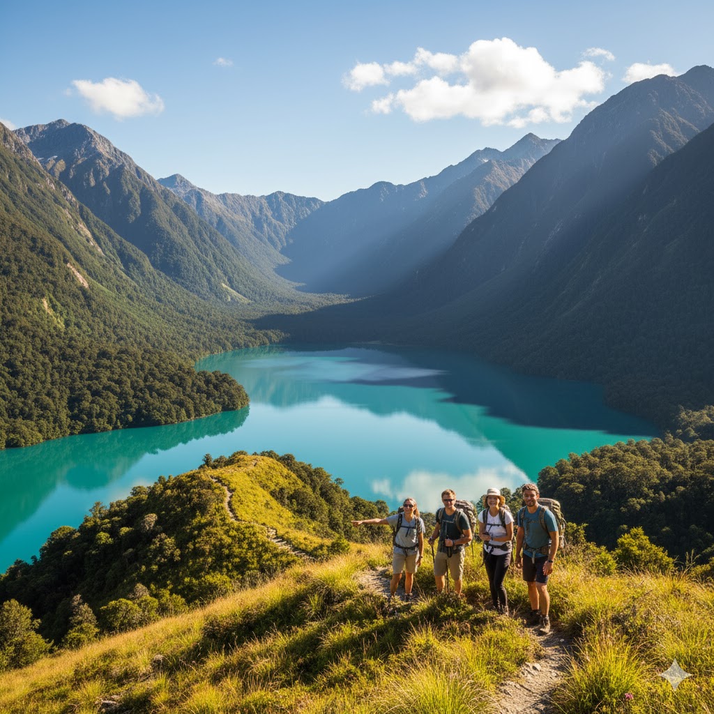 New Zealand’s green valleys with lakes and hikers enjoying the summer sunshine