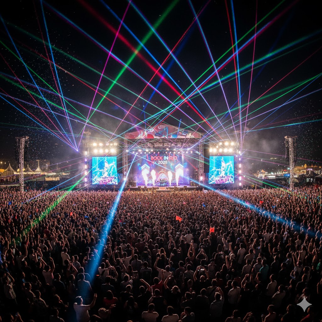 Night concert crowd with lasers at Rock in Rio 2026 main stage.