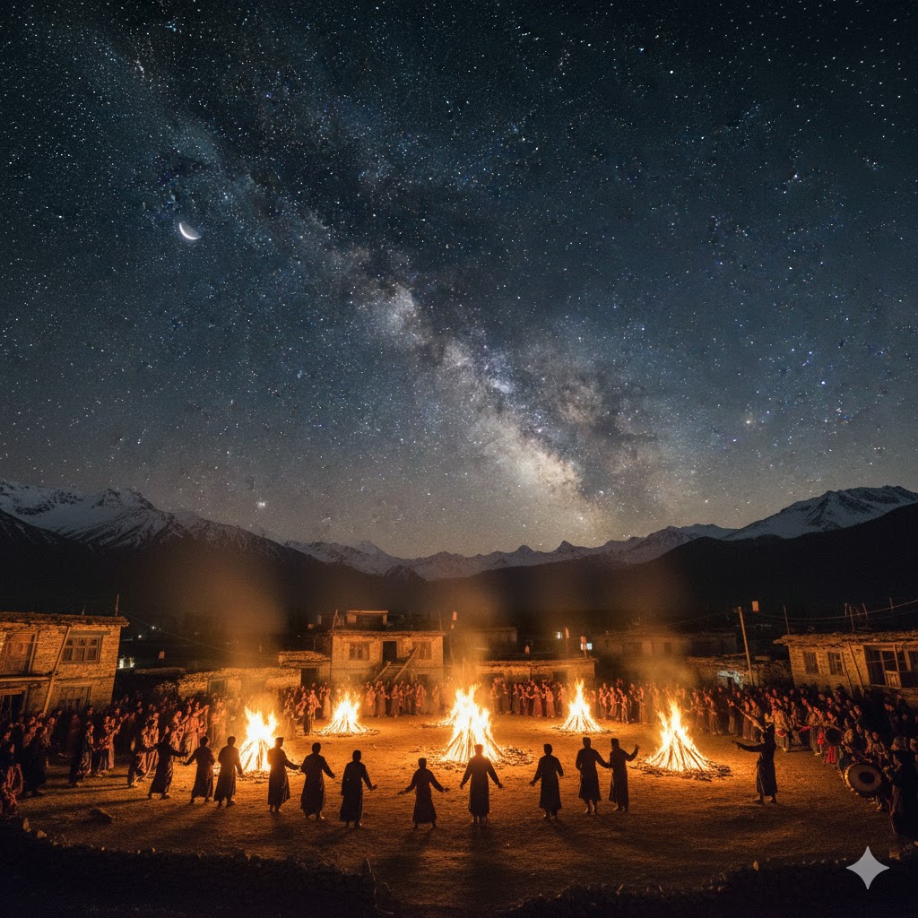 Night scene of Ganish village glowing with Taghm bonfires and villagers celebrating under a starlit sky